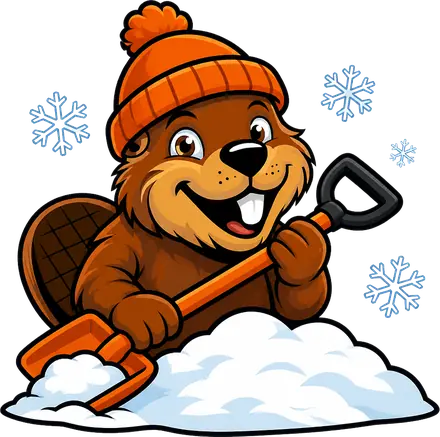 Calgary Snow Pro beaver mascot in an orange toque holding a snow shovel
